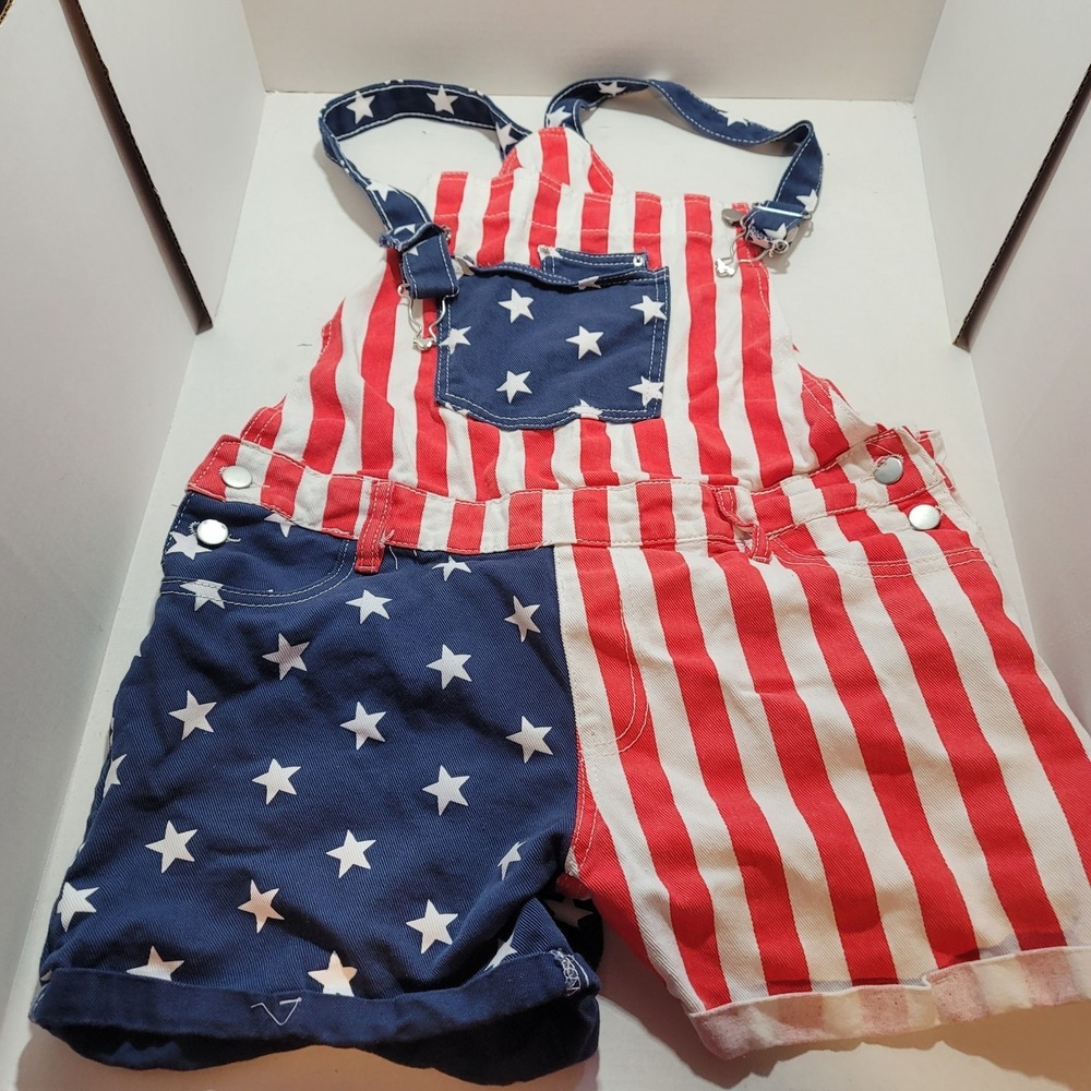 Patriotic Size 2XL Red White Blue with Stars Denim Bib Summer Short Overalls